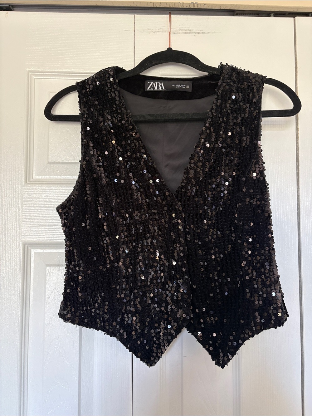 Zara Black Sequin Cropped Tailored Vest Party Top Size S